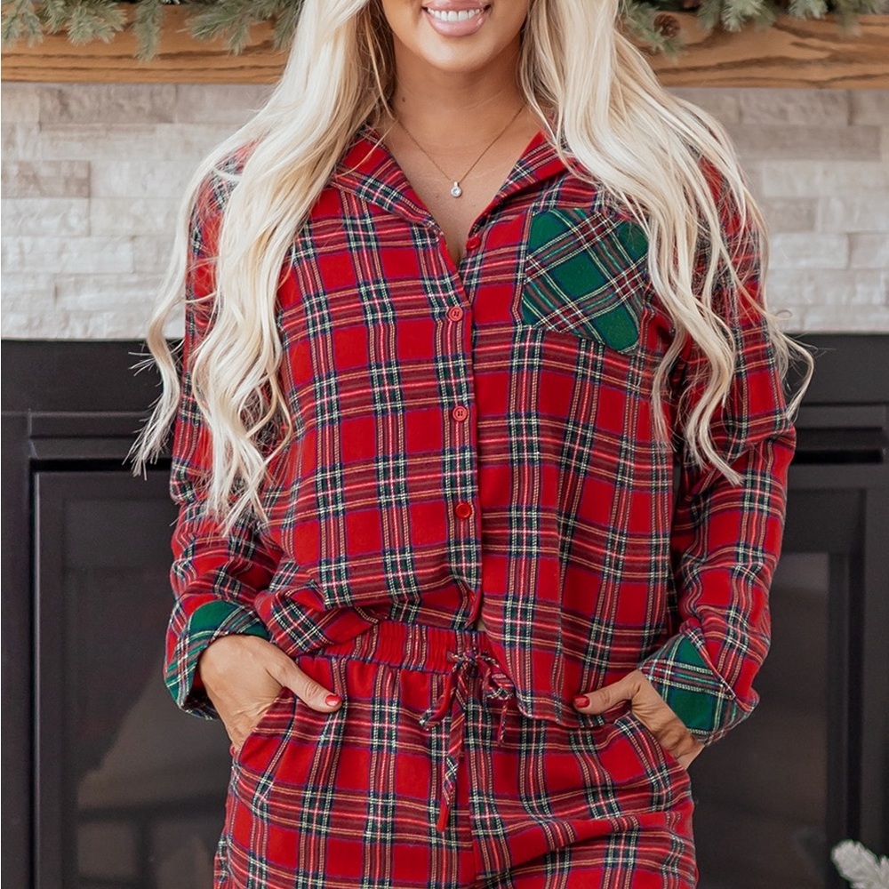 Red Plaid Button-Up Pajama Set